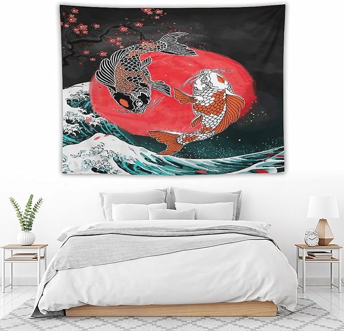 Houselerax Koi Fish Tapestries,Japanese Style Yin Yang Big Wave Cherry Blossoms Tapestry Wall Hanging for Bedroom Living Room Office Decor 80"x60"-Ruum Studio Home