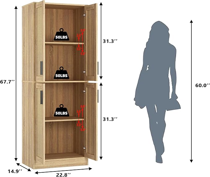 Storage Cabinet, Kitchen Cabinet with Doors & Shelf, Tall Storage Cabinet for Bathroom, Living Room, Entryway,Natural-Ruum Studio Home