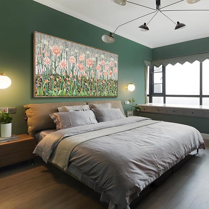 amatop Framed Oversized Floral Canvas Wall Art Canvas Print Modern Botanical Flower Field Rustic Wall Decor Abstract Nature Blooming Wildflower Pale Pink Green Artwork for Living Room Bedroom Office 58x29 in-Ruum Studio Home
