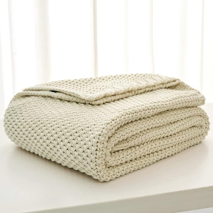 Longhui bedding Chunky Cable Knit Throw Blanket Lightweight Cream 100% Organic Cotton Blanket for Sofa Couch Bed Baby Nursery, Rustic Shabby Chic Modern Farmhouse, 60” x 80” Give Laundering Bag-Ruum Studio Home