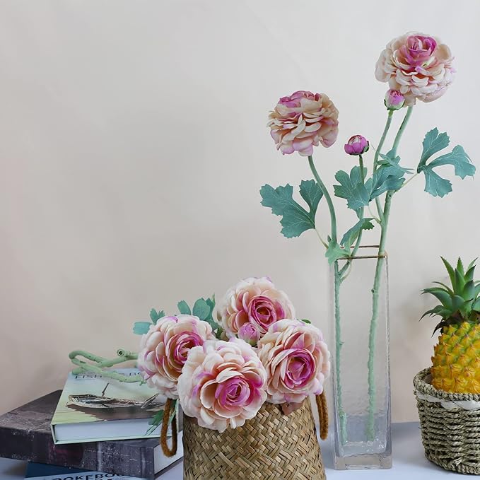 Artificial Ranunculus Flowers 23 Inch Long Stem - 6 Pack Silk Buttercup Stems for Wedding Bouquets, Centerpieces,Home Decor - Realistic Deep Pink Faux Floral Arrangements (Deep Pink)-Ruum Studio Home