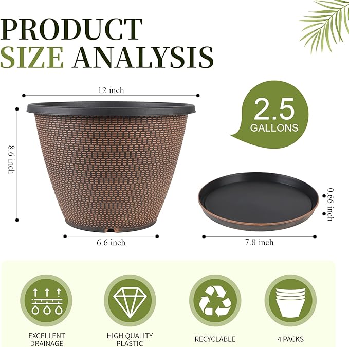 12 inch Pots for Plants, 4 Pack Large Outdoor Planter Pot with Drainage Holes & Saucers, Plastic Flower Pots for Indoor Plants, Decorative Garden Pots for Indoor & Outdoor Plant (Black Copper)-Ruum Studio Home