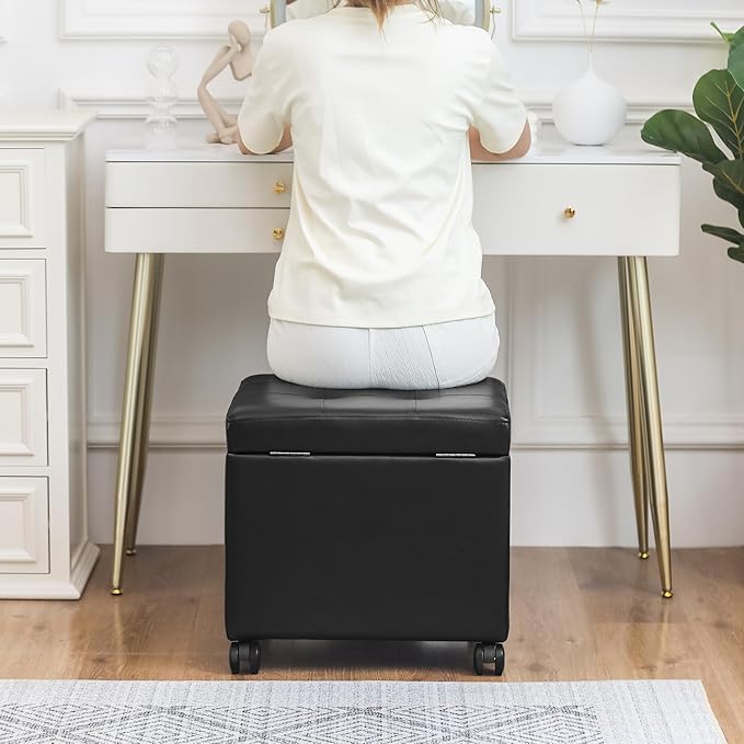Adeco 17.7" Leather Ottoman with Wheels, Black Square Rolling Ottoman with Storage, Upholstered Button Tufted Vanity Stool with Hinged Lid for Living Room, Bedroom, Dorm-Ruum Studio Home
