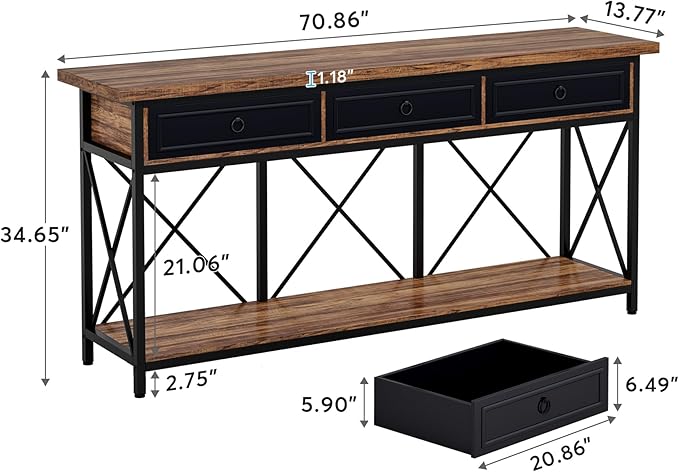 Tribesigns 70.8" Console Table with 3 Drawers, Farmhouse Entryway Table with Storage Shelf, Narrow Long Sofa Foyer Table for Entryway, Hallway (Brown/Black)-Ruum Studio Home