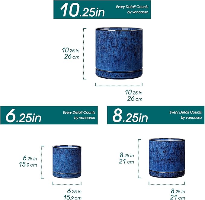 vancasso Ceramic Planters, Plant Pots for Indoor Plants, 6.25+8.25+10.25 Inch Ceramic Pots for Plants, Flower Pots with Drainage Holes (Blue, 6.25+8.25+10.25 Inch)-Ruum Studio Home