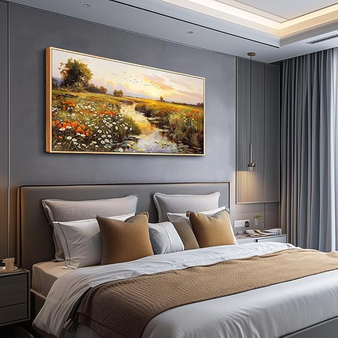 PHAOHUAXM Large Wall Art For Living Room Canvas Wall Decor For Bedroom Watercolour Painting Office Decoration Countryside Sunrise Scenery Wall Picture Ready To Hang Home Decor Wood Framed 20x40 In-Ruum Studio Home