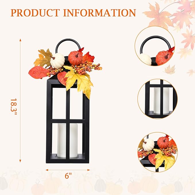 Fall Decorative Lanterns Outdoor, Waterproof 17.7" Decorative Lantern Indoor Decor Metal Hanging Candle Holder LED Flameless Candle Lantern for Patio, Porch, 2 Packs-Ruum Studio Home