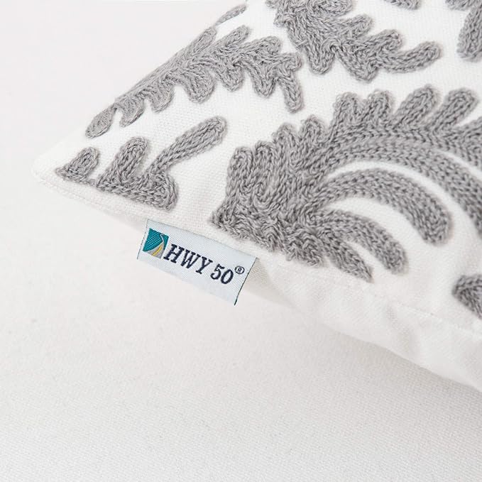 HWY 50 Grey Gray Decorative Throw Pillow Covers 18x18 Inch (1 Piece), Embroidered Cotton Farmhouse Cushion Cover Pillow Case for Sofa Couch Living Room Bed Bedroon, Floral Branches-Ruum Studio Home