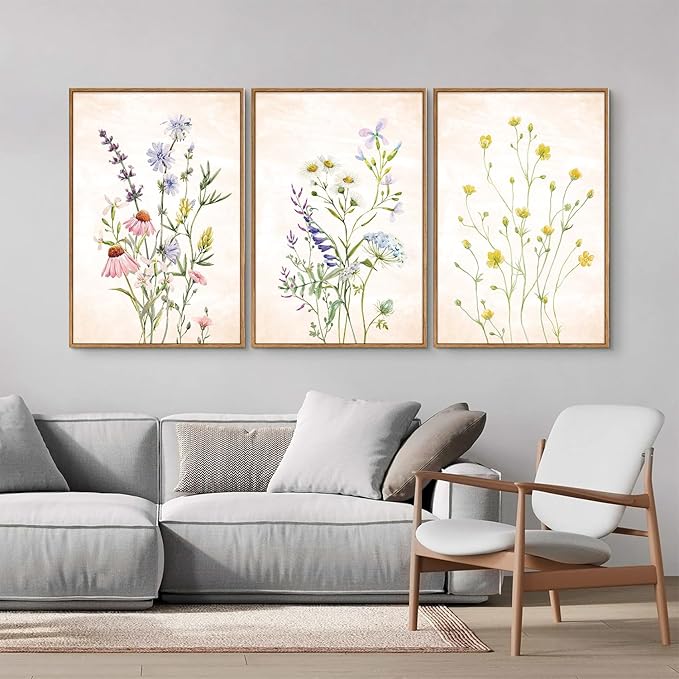 SIGNINART Watercolor Wildflower Framed Canvas Wall Art Set of 3, Boho Botanical Spring Floral Wall Decor, Colorful Minimalist Plant Art Prints for Farmhouse Living Room, Bedroom, Office, Bathroom 16"x24"-Ruum Studio Home