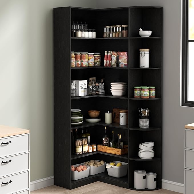 Loomie Black Book Shelf, 6 Tiers Shelf Large Tall Corner Etagere Bookcase with Full Baffle, L-Shaped Modern Storage Display Industrial Bookshelves for Bedroom, Home Office, Living Room & Kitchen,Black-Ruum Studio Home