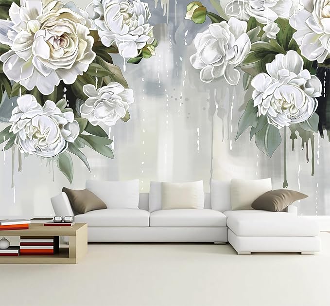 Vintage Floral Wallpaper Bedroom Hand-Painted White Peonies Flowers Wall Mural Children's Room (Not Peel and Stick)-Ruum Studio Home