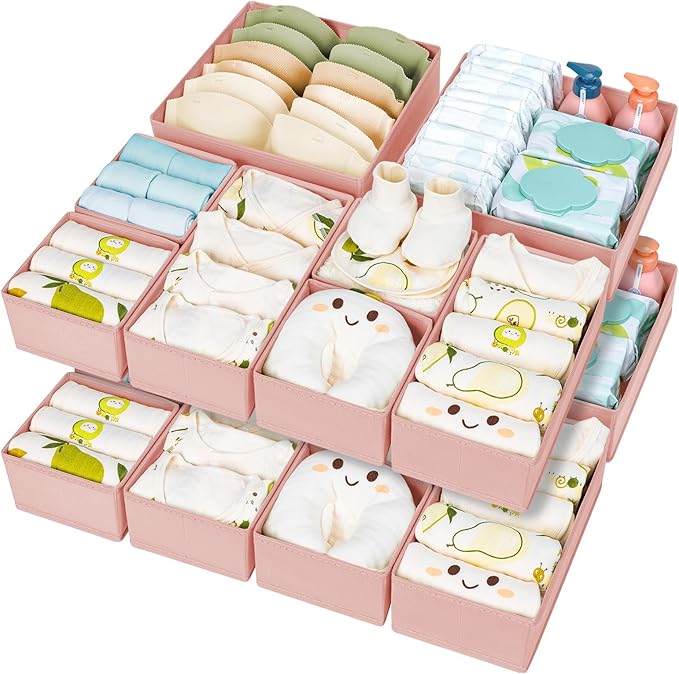 DIMJ Drawer Organizer Clothes 15 Pack - Foldable Dresser Organizer for Nursery, Bedroom, Closet - Pink Dividers for Baby Clothes, Underwear, Clothing, Sock, Belt, Tie-Ruum Studio Home