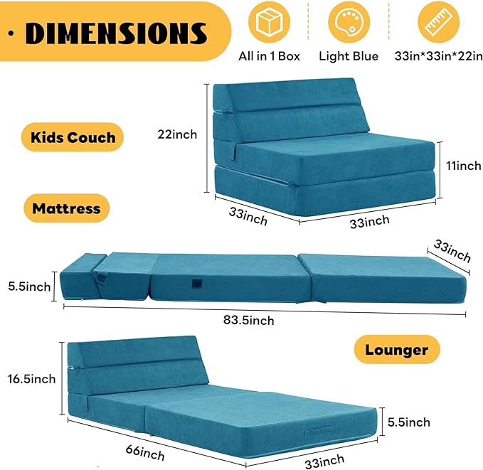 jela Foldable Sofa Bed, Convertible Sleeper Lounge Chair Floor Mattress Floor Couch with Backrest, Fold Out Futon with Washable Miss Fabric Cover for Guest Room, Living Room (83"x33",Teal)-Ruum Studio Home