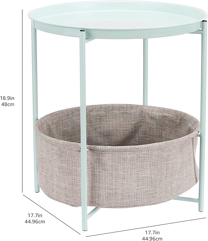 Amazon Basics Round Storage End Table, Side Table with Cloth Basket, Mint Green/Heather Gray, 18 in x 18 in x 19 in-Ruum Studio Home