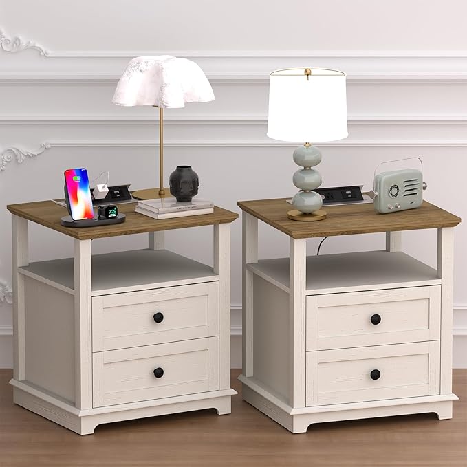 HIFYOBRO Large End Table Set of 2, Flip Top Charging Station and 2 Drawers, Type-C & USB Port & Power outlets, Wooden Storage Cabinet, Side Table with Storage for Living Room and Bedroom (White)-Ruum Studio Home