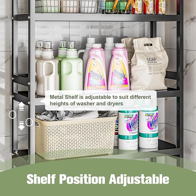 Dryer Storage Shel andf Over The Washer - Adjustable 4-Tier Heavy Duty Laundry Room Organizer, All Carbon Steel Standing Shelf with Hanging Rod, Anti-Tip Design, Super Stable 29.93" L x 11" D x 73" H-Ruum Studio Home