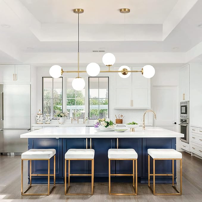 KCO Lighting Modern Globe Linear Chandelier 6 Light Milk Glass Chandeliers White and Gold Pendant Light Fixture Mid Century Rectangle Chandelier Brass Sputnik Island Lights for Kitchen-Ruum Studio Home