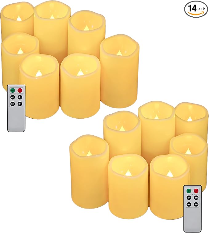 Aignis 14pcs Flameless LED Candles Battery Operated with Remote Timer, Outdoor Indoor Waterproof, Warm Glow for Cozy & Romantic Home/Wedding/Holiday Décor (D 3'' x H 4''/5''/6'')-Ruum Studio Home