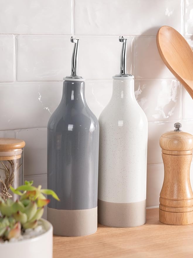 famiware Milkyway 16oz Ceramic Olive Oil Dispenser Bottle, Olive Oil and Vinegar Dispenser Bottle Set of 2 with Stainless Steel Pourers, Suitable for Storage Vinegar, Liquids, White and Dark Gray-Ruum Studio Home