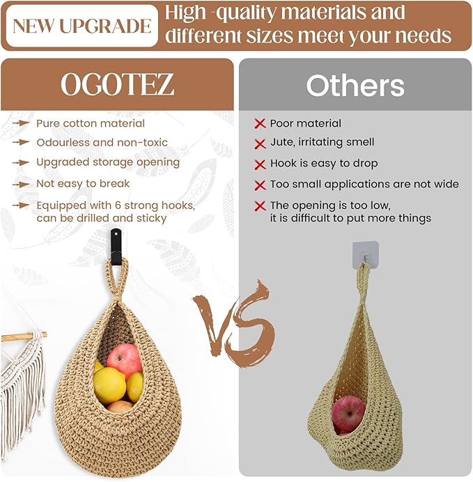 Wall Hanging Baskets for Organizing - 3 Pack Hanging Fruit Basket with 6 Pcs Strong Hooks, Handwoven Onion Storage Teardrop Home Onion Basket for Fruits Vegetable Potato Kitchen Storage(Light Linen)-Ruum Studio Home