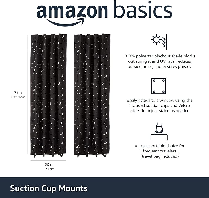 Amazon Basics Portable Blackout Curtain Shade with Suction Cups, 50" W x 78"L, 2-Pack, Moon and Stars-Ruum Studio Home