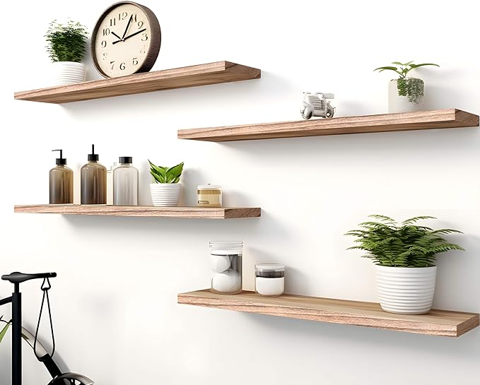 Wood Floating Shelves for Wall Decor, Rustic Wall Shelves for Bedroom Bathroom Kitchen Living Room, Set of 4 Light Walnut 24 Inch-Ruum Studio Home