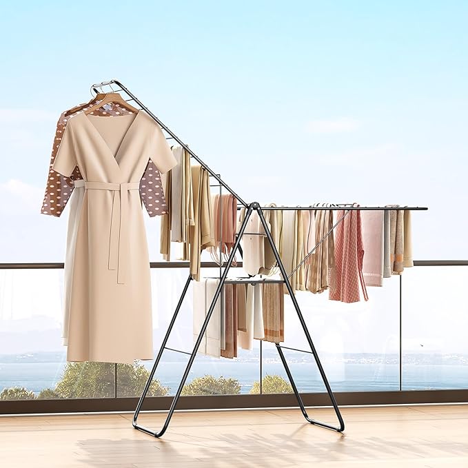 APEXCHASER Clothes Drying Rack, Oversized Drying Rack Clothing with Height-Adjustable, Foldable Gullwings Metal Laundry Rack, Indoor Outdoor Use, No Assembly, Black-Ruum Studio Home