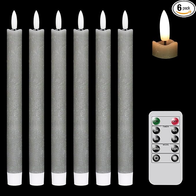 GenSwin Flameless Grey Taper Candles Flickering with 10-Key Remote, Battery Operated Led Warm 3D Wick Light Window Candles Real Wax Pack of 6, Christmas Home Wedding Decor(0.78 X 9.64 Inch)-Ruum Studio Home