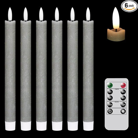 GenSwin Flameless Grey Taper Candles Flickering with 10-Key Remote, Battery Operated Led Warm 3D Wick Light Window Candles Real Wax Pack of 6, Christmas Home Wedding Decor(0.78 X 9.64 Inch)-Ruum Studio Home