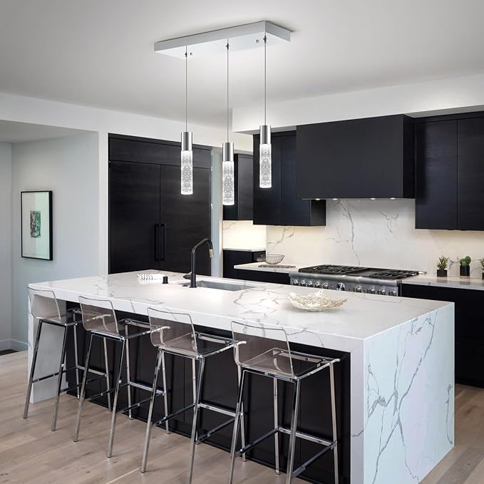 OKELI 3-Light Dimmable LED Pendant Lighting for Kitchen Island, 18W 1350LM Modern Crystal Bubble Island Light Fixture, 6000K Cool White, Adjustable Electro-Chrome Fixture, Easy Install, Square-Ruum Studio Home