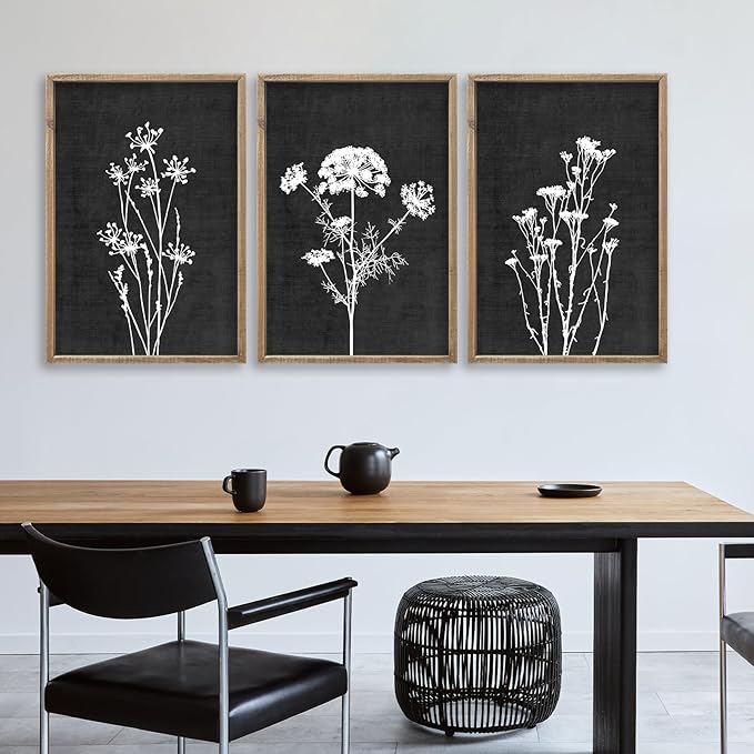 Flower Plant Wall Art Decor 24"x16" Set of 3 Black And White Botanical Painting Wood Framed For Minimalist Bedroom Office Rustic Living Room Abstract Wildflower Sign Hanging (Wood Black)-Ruum Studio Home