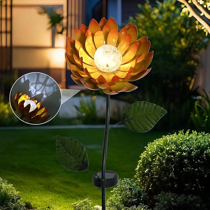VCUTEKA Solar Garden Lights Metal Flower Decor Colorful Yellow Flowers Solar Pathway Light with LED Cracked Crystal Ball Outdoor Decorative Stake for Patio Yard Lawn-Ruum Studio Home
