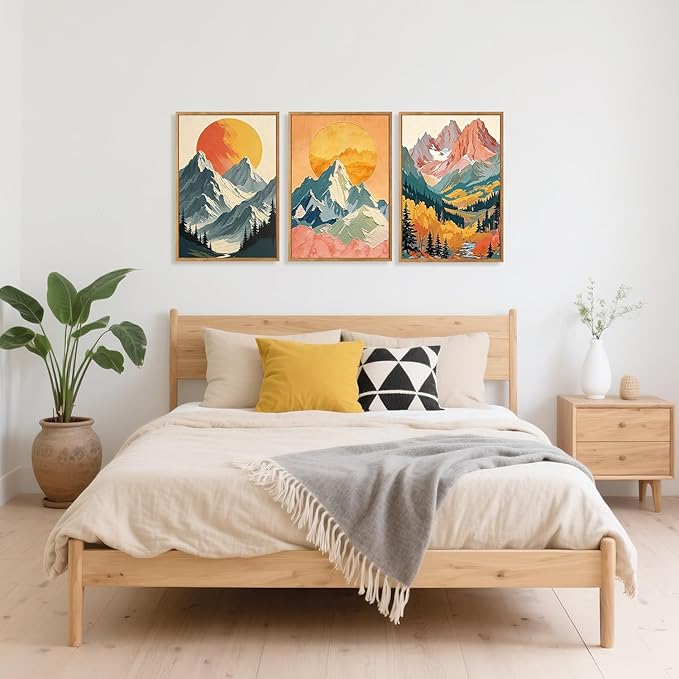 HPNIUB Mountains Forests Framed Canvas Wall Art Set, Abstract Woodland Painting, Boho Scenery Sun Wall Decor, Pretty Grassland River Artwork for Living Room, Bedroom, Dining Room, Office - 16"x24"x3-Ruum Studio Home