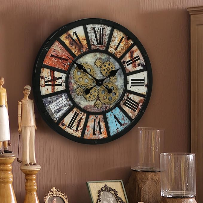 Unique Moving Gear Extra Large Wall Clock 21"-Battery Powered. Retro Industrial Steampunk Country Farmhouse Decor for Living Room, Kitchen,Bars, Restaurants, cafes, Offices(Black- 21")-Ruum Studio Home