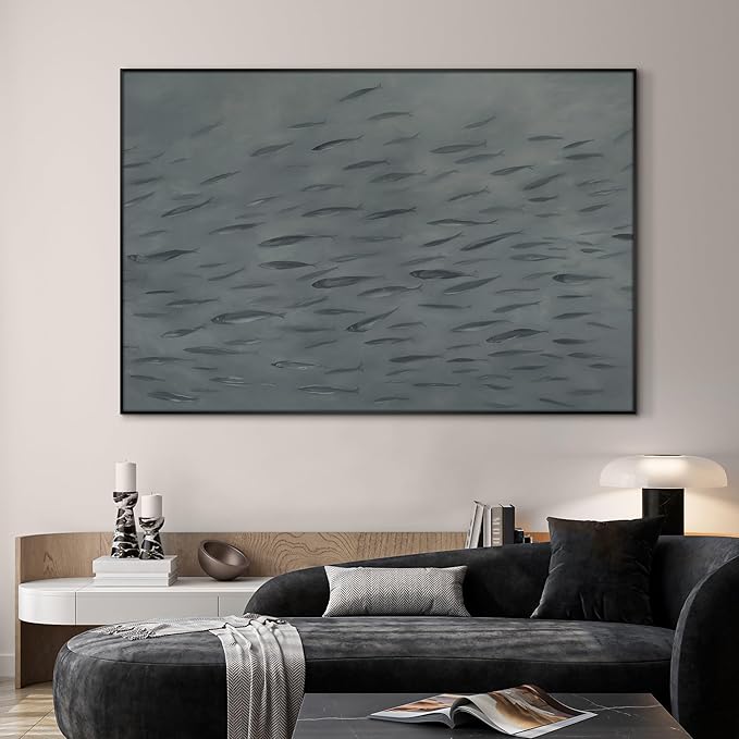 SIGNWIN 46"x72" Extra Large Framed Wall Art Gray School of Fish Minimalist Ocean-Inspired Marine Life Illustration for Home Living Room Bedroom Decor (Frame Assembly Required)-Ruum Studio Home