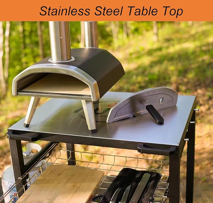 NUUK Double-Shelf Movable Outdoor Pizza Oven Table, 24" x 30" Stainless Steel Commercial Multifunctional Food Prep Worktable with Drawer on Wheels-Ruum Studio Home