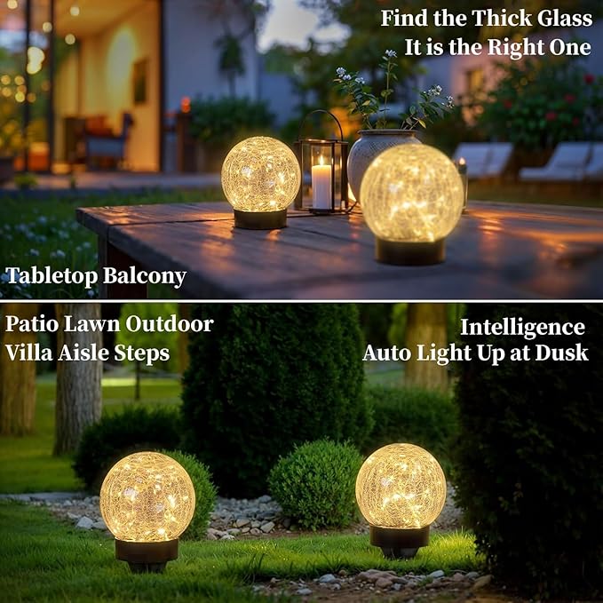 Beautyard Solar Globe Lights Outdoor Large Garden Decor USB Charged 4.72" Diameter 40LED 1000mAh Solar Lights Cracked Glass Globe Power Yard Patio Garden (4.72'' Large 2 Pack Warm White)-Ruum Studio Home