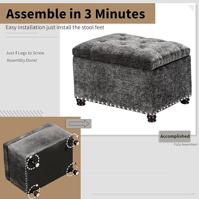 Joveco Storage Ottoman Bench, Rectangle 24" Velvet Foot Rest Stool Square Footstool for Living Room, Bedroom, Charcoal Grey-Ruum Studio Home