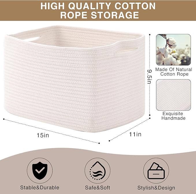 Storage Baskets for Organizing Shelves, Woven Cotton Rope Bins for Baby Nursery Organization, Book Toy Towel Organizer, 15"x11"x9.5", 3 Packs, Off White-Ruum Studio Home