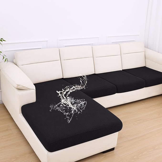 hyha Waterproof Couch Cushion Covers for Pets, Non Slip Sofa Seat Cover for Dogs Washable, Soft Thick Stretch Jacquard Fabric, Sofa Slipcovers with Elastic Bottom (1 Chaise+3 Seater, Black)-Ruum Studio Home