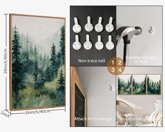 Tinonedraw Watercolor Forest Framed Canvas Wall Art Set, Modern Pine Tree Wall Painting, Nature Foggy Landscape Wall Decor, Misty Mountain Art Prints for Bedroom Living Room Farmhouse Office 16"x24"x3-Ruum Studio Home