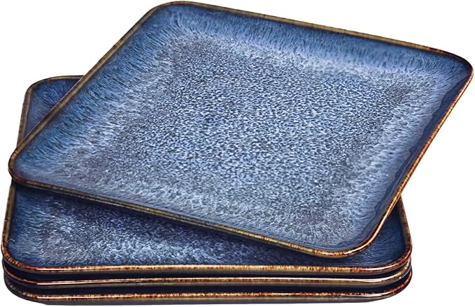 Ceramic Dinner Plates Dish Set, Set of 4, Microwave Oven and Dishwasher Safe, Scratch Resistant, Dinnerware Kitchen Porcelain Serving Dishes Blue, 9 inch Square plate-Ruum Studio Home