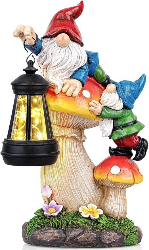 TIJNN Solar Garden Statue Gnomes Figurine Lights,Funny Gnomes Standing on Mushrooms with Lanterns, with Lanterns Outdoor Yard Decorations for Patio Porch Home, Garden Gifts for Women Mom-Ruum Studio Home