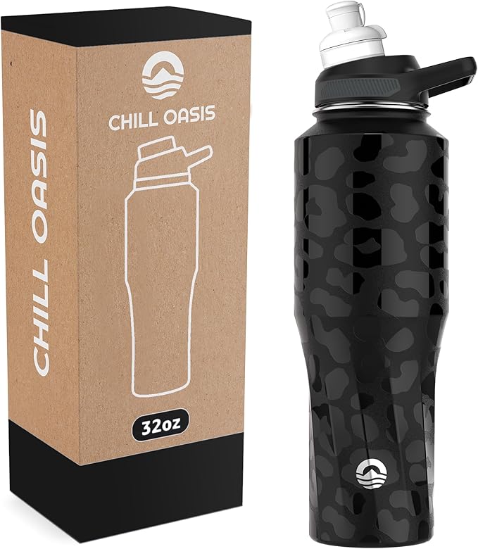Chill Oasis Water Bottle | Compatible With Popular Flavor Cartridges | BPA Free, Leak Proof, Double-Walled Vacuum Insulated Stainless Steel, and Dishwasher Safe | Cold for 24 Hours (Leopard, 32oz)-Ruum Studio Home