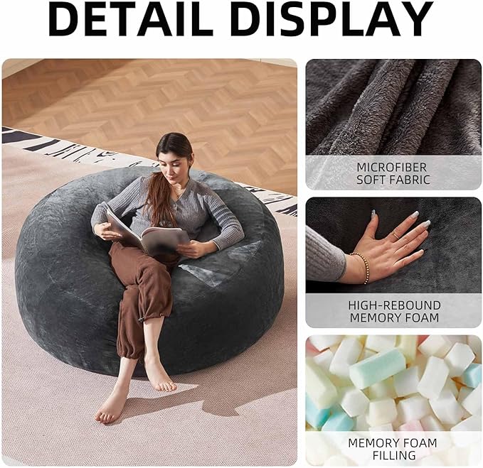 Bean Bag Chair 4Ft, Memory Foam Filled, Large Beanbag Chairs for Adults and Teens, Soft Sofa with Removable Flannel Cover, Round Couch for Living Room Bedroom College Dorm (Dark Gray, 4FT-47×47"×24")-Ruum Studio Home