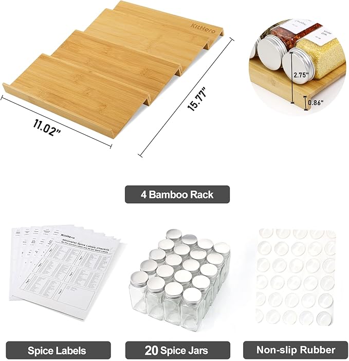 Spice Drawer Organizer with 20 Spice Jars,216 Labels,25 Non-slip Rubber, Bamboo 4 Tier Seasoning Rack Tray Insert for Kitchen Drawers,Cabinets,Countertop,11" Wide x 15.8" Deep-Ruum Studio Home