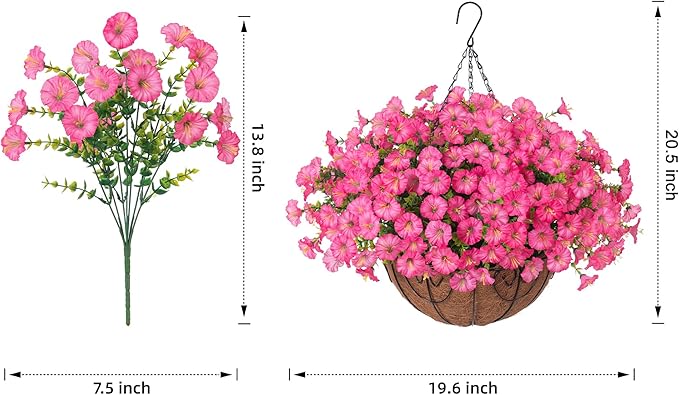 Artificial Faux Hanging Plants Flowers Basket for Outdoors Outside Spring Summer Decoration, Silk Pink Morning Glory in Planter UV Resistant Look Real Fake Flowers for Porch Patio Balcony Home Yard-Ruum Studio Home