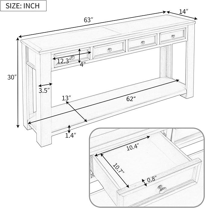 Solid Wood Console Table 63 in Long Sofa Table Entryway Table with 4 Drawers and Bottom Shelf for Hallway Living Room Couch Table,Fully Assembled,63" Tan-Ruum Studio Home