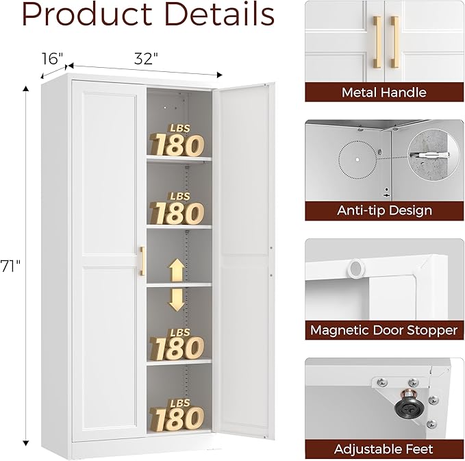 71" Tall Metal Pantry Cabinet, White Kitchen Pantry Storage Cabinet with 4 Adjustable Shelves and Gold Handles, Cupboard for Kitchen, Dining Room, Living Room, Bathroom-Ruum Studio Home
