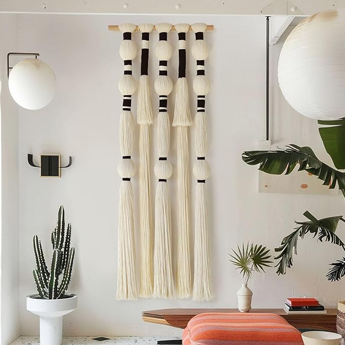 Macrame Wall Hanging Tassels Sphericity Cotton Textile Hanging Geometric Yarn Wall Art for Bedroom Living Room Decor 15.7" W x 39" L-Ruum Studio Home